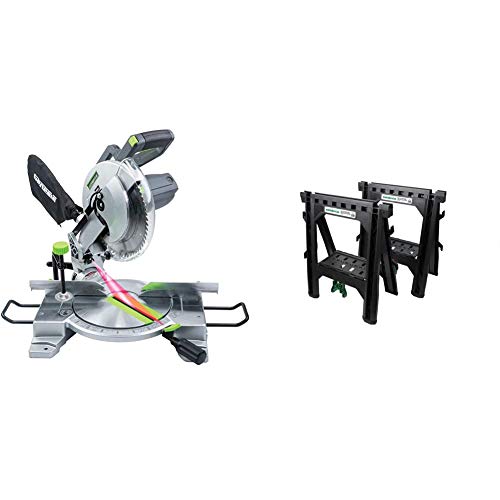 Genesis GMS1015LC 15-Amp 10-Inch Compound Miter Saw with Laser Guide and 9 Positive Miter Stops, Gray & Metabo HPT Sawhorses | Folding | 1200 Lb. Capacity | 2-Pack | 115445M