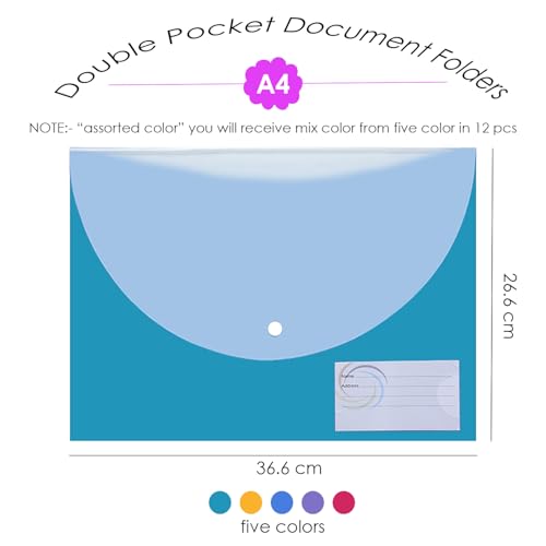 Image of Shuban 12 Pcs Double Pocket Document Folders Letter A4 Size File Envelopes with Label Pocket & Paste Button for School Home Work Office Organization (Double Pocket Bag - Standard)