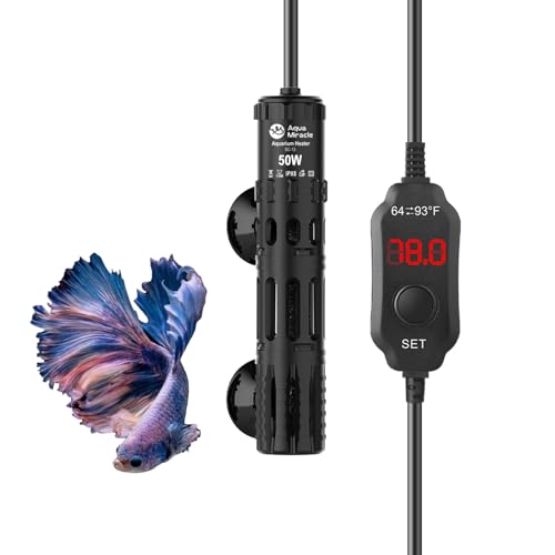 AquaMiracle Submersible Aquarium Heater, 50W Fish Tank Heaters with LED Digital Temp Display, Dry-Run Auto Power-Off & Overheat Protection, for Freshwater and Saltwater Tanks (5-10 Gal)