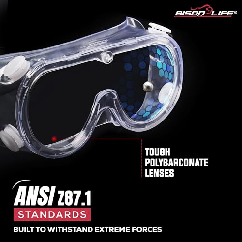 Image of BISON LIFE Vison Safe SplashGuard Clear Safety Goggles Eye Protection Chemical Splash Resistant Anti-Fog Anti-Scratch Adjustable Strap Glasses - Pack of 1