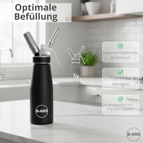 B-ARS Sahnespender 500ml Aluminium Schwarz, Sahnesyphon für Schaum – Ansicht 2