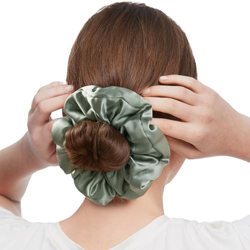 LILYSILK Large Silk Filled Scrunchies for Hair Sleeping Big 100% Silk Hair Ties Women's Ponytail Holders Oversized Jumbo Giant Avocado Green