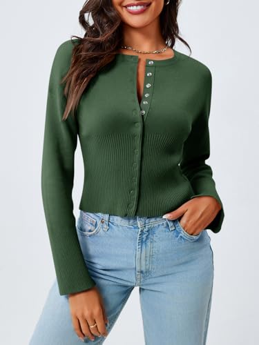 Image of Saodimallsu Womens Cropped Sweaters Cardigan | Button Down,Long Sleeve,V Neck,Ribbed Knit,Slim Fit ,Pullover Crop Tops