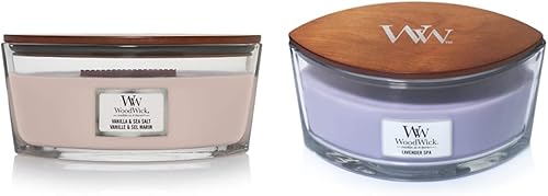 Woodwick Ellipse Vela perfumada, vainilla y sal marina, 16 onzas, hasta 50 horas de tiempo de combustión y vela perfumada de elipse, spa de lavanda,