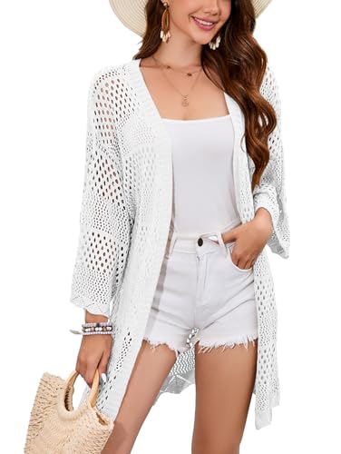 Famulily Womens Cute Crochet Knit Cardigan 3/4 Sleeve Hollow Out Open Front Cover Ups Tops