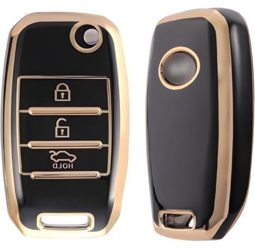 Image of TPU Car Key Cover Black & Golden Compatible for KIA Seltos,Sonet,Carens (KIA, 3 Button Flip Key)