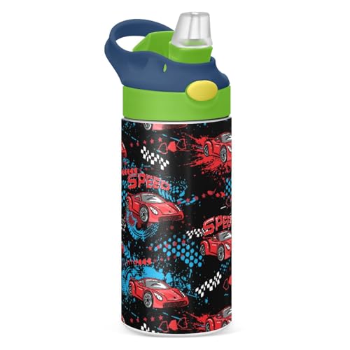Botella de agua para niños, diseño de coche de carreras rojo, taza deportiva de acero inoxidable, termo de agua portátil aislado con asa