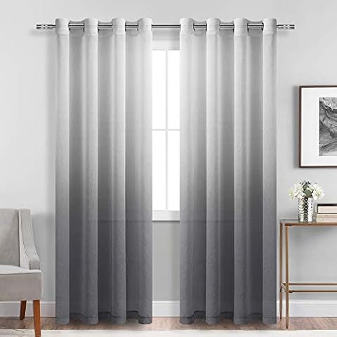 DWCN Faux Linen Grey Ombre Sheer Curtains - Gradient Semi Voile Grommet Top Window Curtains for Bedroom and Living Room, Set of 2 Panels, 52 x 84 Inches Long Cover