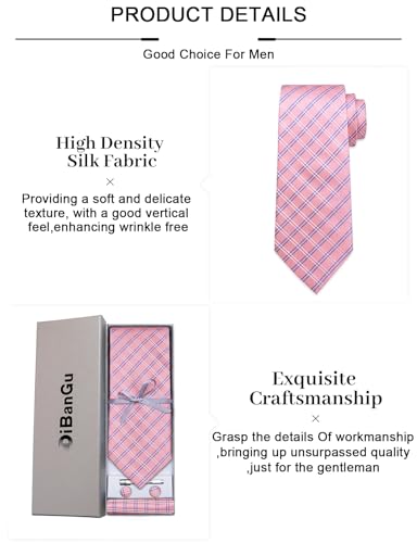 Image of DiBanGu Plaid Ties for Men Silk Checkered Necktie and Pocket Square Cufflinks Tie Clip Set with Gift Box for Wedding Business