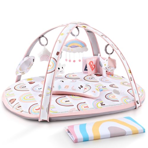 Image of ZILLYBEE Baby Play Gym Mat, Activity Gym & Plat Mat for Child Baby Girls, 7 in 1 Tummy Time Stage-Based Mat for Infant Sensory & Motor Skills Development