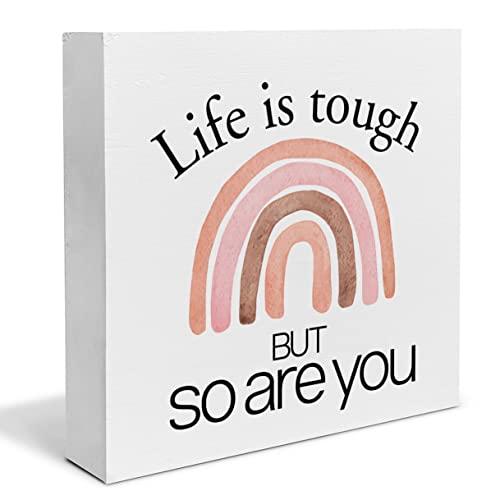 Image of Inspiration Saying Wood Box Sign Desk Decor Life is Tough But So are You Country Rainbow Wood Block Sign Decor for Home Office Bedroom Shelf Wall