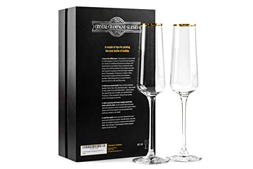 Gold Rim Champagne Gift Glasses | Set Of 2 | Crystal Square Toasting Flutes For Bride And Groom, Wedding, Anniversary, Birthday | Elegant Long Stemmed Glassware For Sparkling Wine, Mimosa, Prosecco #TOP6