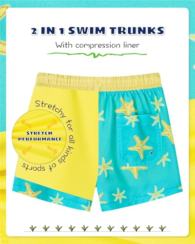 Image of SURF CUZ Boys Swim Trunks with Boxer Brief Liner Toddler Boy Stretch Swimsuit Shorts Quick Dry Swimming Trunks Bathing Suit
