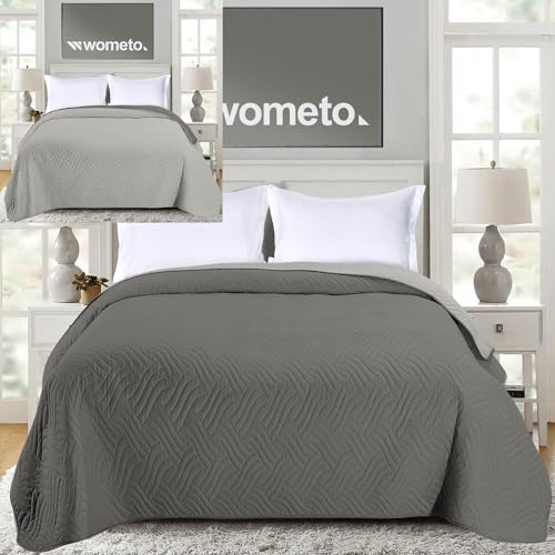 wometo Tagesdecke 170x210 cm OekoTex - Microfaser-Bezug grau hellgrau wattiert gesteppt Wende-Design XXL Sofa Couch Bett Bettüberwurf