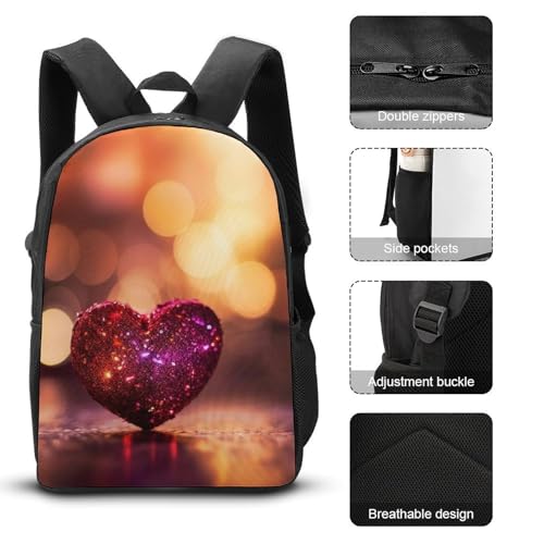 3 Piece Backpack for Women Men Lightweight Causal Daypack Shoulder Bag Set with Insulated Lunch Bag And Pencil Case Organizers Shining Heart3