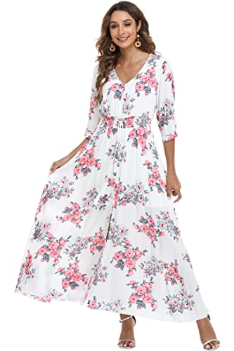 VintageClothing Damen Blumen Maxikleider mit Ärmeln Flowy Boho Strandkleid, Weiß mit rotem Blumenmuster, Klein