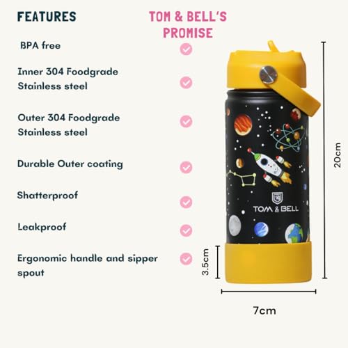 Image of TOM & BELL Insulated Water Bottle for Kids 500ml,Double Wall Water Bottle for School, Sipper Bottle,Hot and Cold, Premium 304 Stainless Steel (Universe, 500ml)