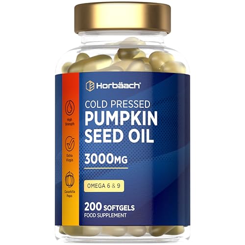 Pumpkin Seed Oil Capsules 3000mg | 60% Omega 6 Linoleic & 9 Oleic Essential Fatty Acids | 100% Cold-Pressed Supplement | 200 Softgels | by Horbaach
