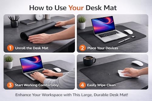 Image of Large Desk Mat 60x40 cm | Waterproof PU Rubber Base Mouse Pad | Non-Slip Office Desk Protector | Laptop, Keyboard & Mouse Pad | Smooth Surface Work Mat for Home & Office | Black