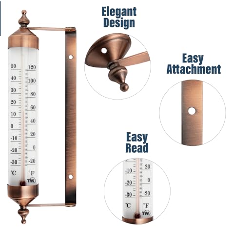 Image of Outside Thermometer with Bronze Effect Design - Stylish 9.5 Inch Decorative Outdoor Thermometer Waterproof Suitable for Outside Wall Garden Greenhouse Patio Garage