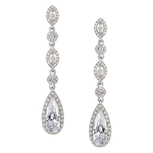 SWEETV Long Pear-Shaped Rose Gold Wedding Birdal Earrings for Brides, Bridesmaids, Crystal Chandelier Dangle Drop Earrings for Women Prom - Main Image