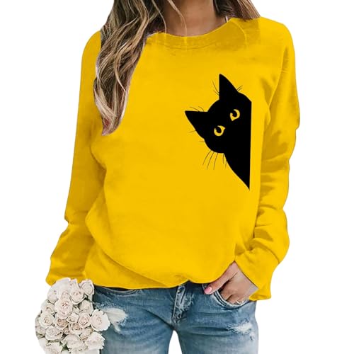 Generisch 2025 Casual Long Sleeve Crew Neck Sweatshirt for Women with Cute Cat Print, Soft Comfortable Pullover Top for Everyday Women, yellow, L
