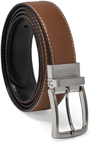 Steve Madden Men's Dress Casual Every Day Leather Belt, Cognac/Black (Feather Edge), 36