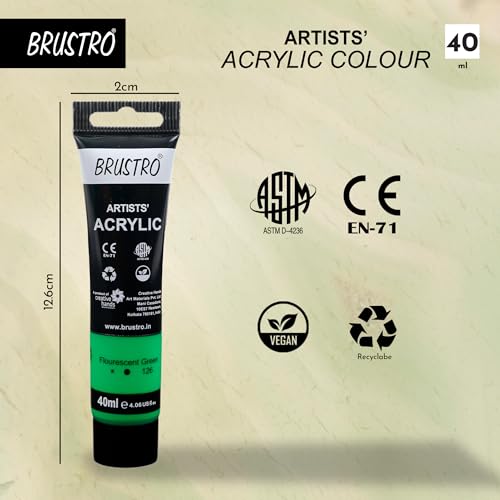 Image of BRUSTRO Artists Acrylic Paint Tube | 40ml, Fluorescent Green (Pack of 2)|Non-Toxic,Water Based,Inter Mixable,Ideal for Painting,Textured Effects on Canvas,Paper,Fine Art Student and Professionals
