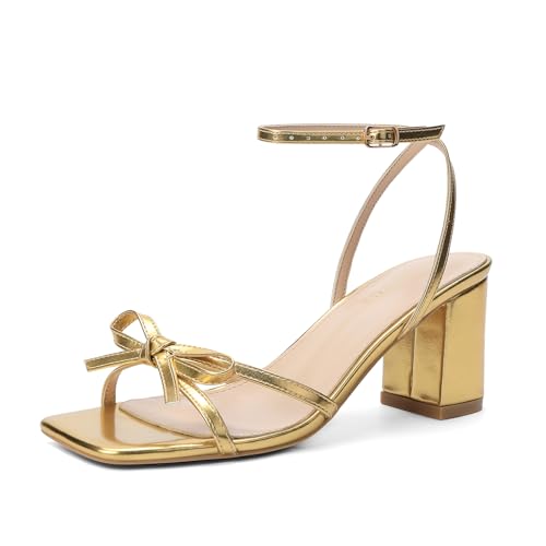 Goderci Bow Strappy Heels for Women Square Open Toe Mid Chunky Block Heeled Sandals(7.5 Gold)