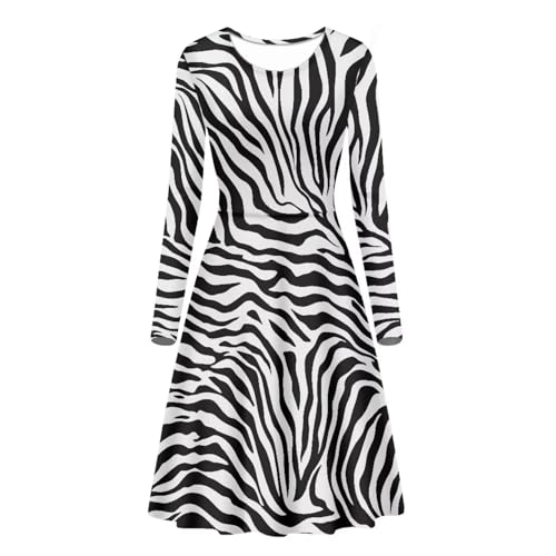 Cumagical Langärmeliges Kleid mit Rundhalsausschnitt für Damen, fließend, schwingend, hohe Empire-Taille, Übergröße, Zebra Weiß, XX-Large