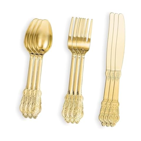 300 Pieces Gold Plastic Silverware Set - 100 Forks,100 Spoons,100 Knives,Heavy Duty Gold Plastic Cutlery Set Disposable Flatware for Holidays, Catering, Parties, Dinners, Weddings, and Occasions Cover