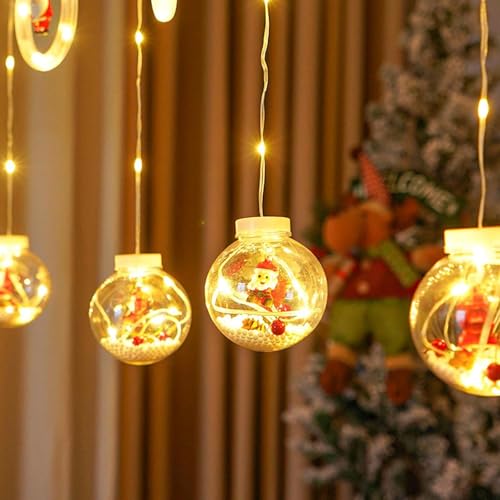 Image of HashWOW LED Curtain String Light Plastic Ring & Wishing Ball, Warm White Window Curtain Lights with 8 Flashing Modes Decoration for Christmas Party, New Year Home Decor, Patio Lawn (Plug Powered)