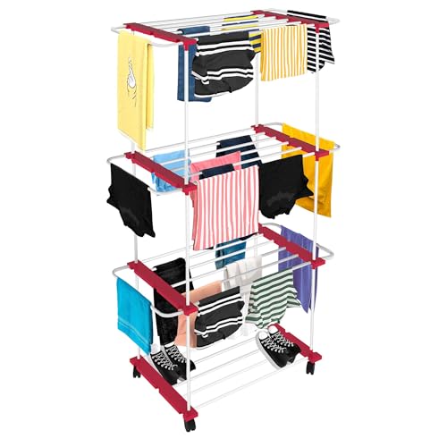Image of TNT THE NEXT TREND Trixy 3 Layer Carbon Steel Indoor & Outdoor Cloth Dryer Stand | Heavy Duty Clothes Drying Rack with U-Bars, Wheels, 50.1 ft Drying Space, (L96 x B45.3 x H174 cm), Cherry