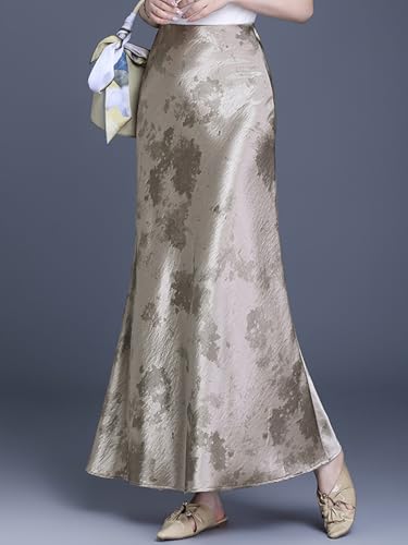 Womens Fishtail Skirt High Waist Satin Hip-Covering Fashion Floral Print Long Flowing Hem Casual Skirt4