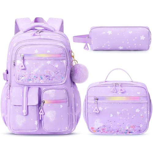 Fimibuke Backpack for Girls, 3 PCS Waterproof Kids Backpack with Lunch Box & Pencil Case Set, Cute Travel Bookbag School Bag for Kindergarten Elementary Middle High School Student Toddler Kids Teens