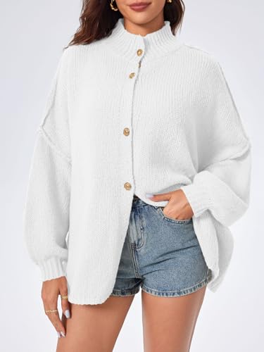 Image of Saodimallsu Womens Oversized Cardigans Long Lantern Sleeve Button Down Loose Ribbed Knit Fall Sweater Coats White