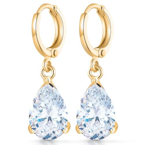 Crystalline Azuria Femme Pendantes Boucles d'Oreilles 18ct Plaqué Or Jaune avec Cristaux en Zircone Larmes Blanches
