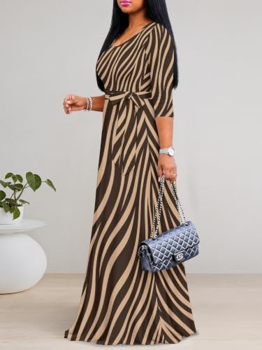 Image of Maxi Dress for Women with Sleeves, Empire Waist Dress | A-line shape, self-tie belt, side pockets and pull-on design; stretch fabric for church, work and casual wear