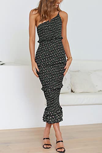 Image of PRETTYGARDEN Women's Summer Midi Bodycon Dresses One Shoulder Strappy Tiered Ruffle Floral Boho Sun Dress