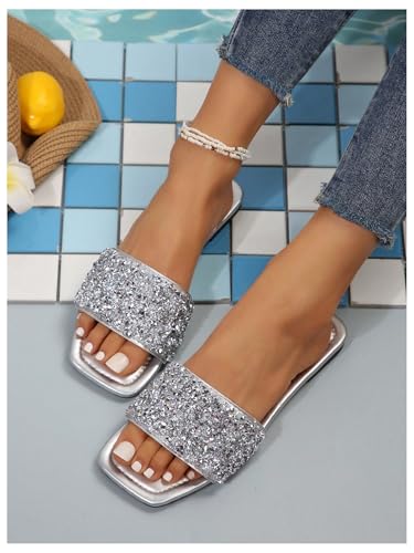 Image of GORGLITTER Women's Sparkly Jeweled Flat Sandals Dressy Open Toe Glitter Shiny Slippers Slip-on Shoes