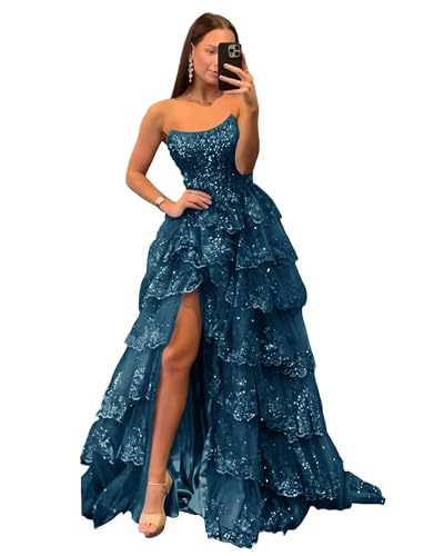 Strapless Lace Tulle Tiered Prom Dress Sparkly Sequin with Slit for Teens Corset Formal Party Gown