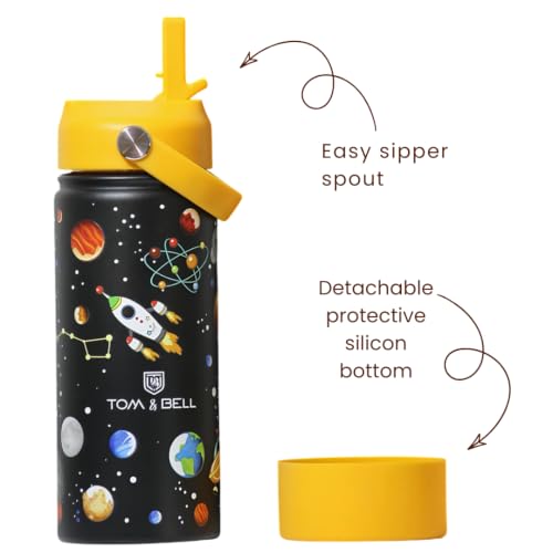 Image of TOM & BELL Insulated Water Bottle for Kids 500ml,Double Wall Water Bottle for School, Sipper Bottle,Hot and Cold, Premium 304 Stainless Steel (Pitch Black, 500ml)