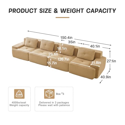 Image of 153 inch Extra Large 4-Seater Modular Boneless Couch, Luxury Corduroy Fabric, Deep Seat Cloud sectional Sofa with Buckle Connection, No Assembly Anti-Slip Couch for Big Living Room, Camel