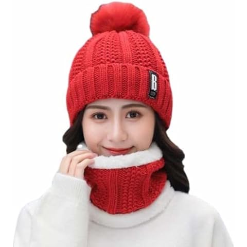 poundfox® Winter Beanie Hat & Scarf Set for Women Warm Knitted Hat with Faux Fur Bobble Pom Pom and Fleece Lining - Outdoor Sports Hats (Red) Cover