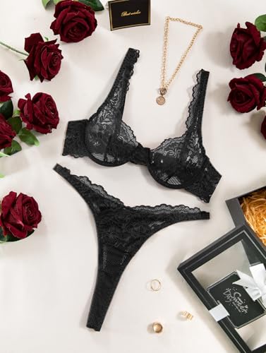 Image of Lilosy Sexy Floral Lace Scallop Underwire Push Up Sheer Lingerie Set Outfits