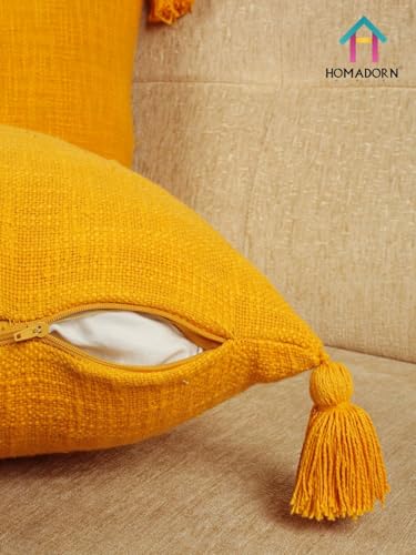Image of HOMADORN Luxury Cotton Handmade Decorative Boho Throw Pillow Covers with Tassels for Sofa Couch Living Room Indoor Outdoor Chair Car Farmhouse (16X16 INCHES (Square), Mustard (Pack of 2))