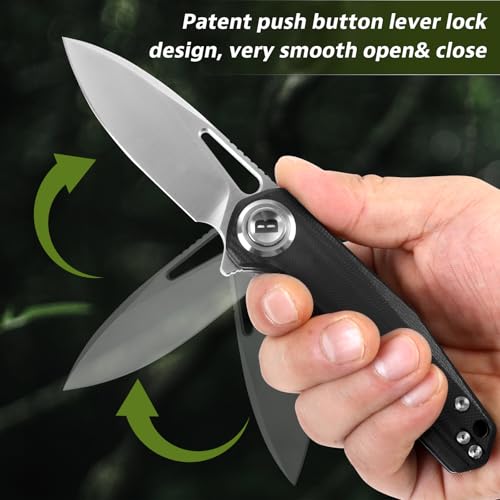 Image of Pocket Folding Knife,3.15 inch D2 Steel Blade,Black G10 Handle,Push Button Lever Lock,Pocket Knife with Pocket Clip for Outdoor,Survival,EDC