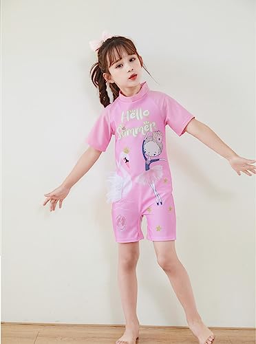 Image of Girls Swimsuits Half Sleeve Rash Guard Swimwear with Matching Cap One-Piece Bathing Suits 2-11 Years