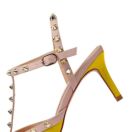Image of XINIUNIU Studded Heels for Women Kitten Heels with Studs Stiletto Sandals with Rivet Ankle Strap Patent Leather Pointy Toe 2.5 Inch Party Daily Wear Evening Sandals