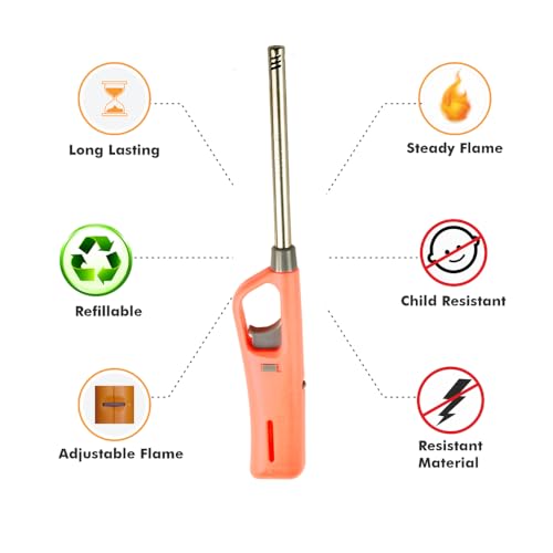 Image of Genesis Refillable Windproof Gas Flame Lighter for Kitchen, Stove, BBQ, Candles, Camping, Indoor & Outdoor (Yellow, Orange) (Pack of 2)